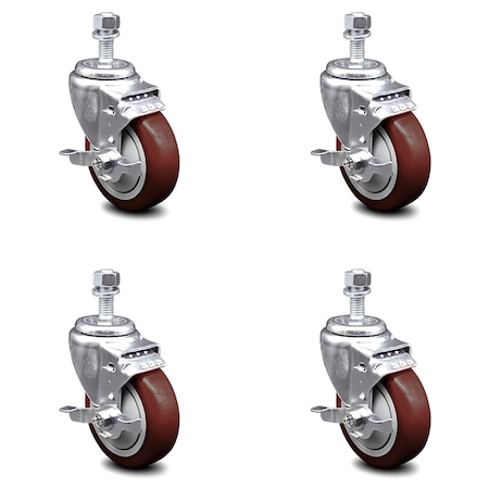 Service Caster 4 Inch Maroon Polyurethane Swivel 12mm Threaded Stem Caster Set with Brake SCC-TS20S414-PPUB-MRN-TLB-M1215-4